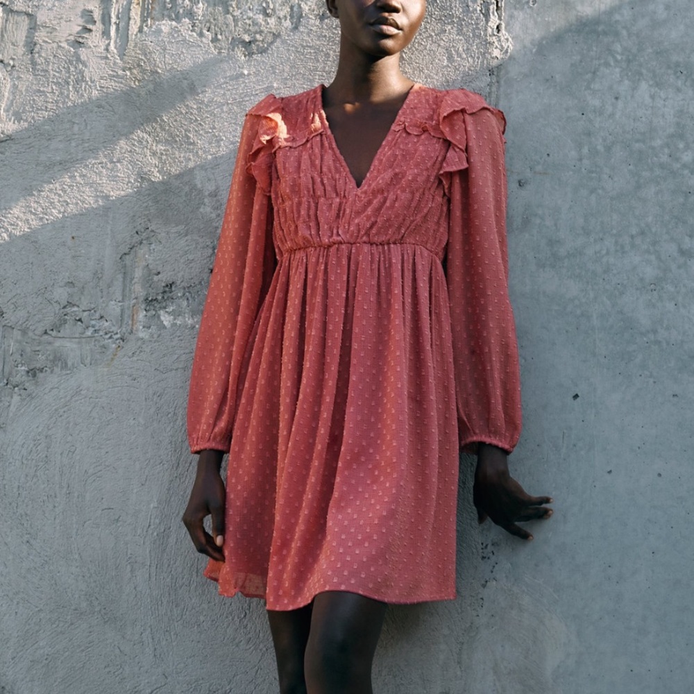 Zara Dotted Swiss Marsala Ruffled Dress